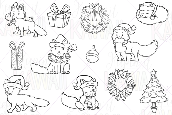 Arctic Fox Christmas Digital Stamps Illustrations