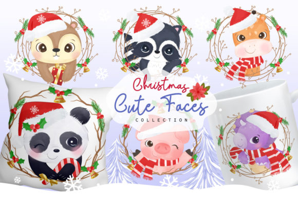 Christmas Cute Faces Clipart Set for Illustrations