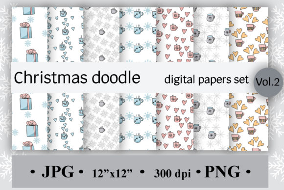 Christmas Doodle Digital Paper - Set of 7 for Festive Branding